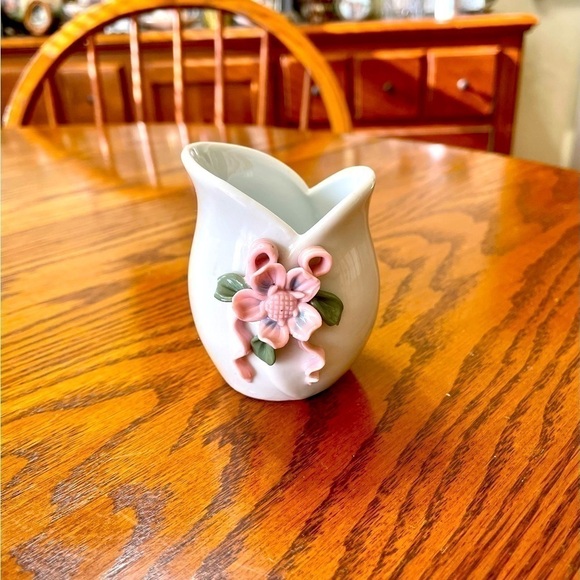 Bud Vase Ceramic Flower Ribbon White Pink Green Small Vintage - Picture 4 of 8